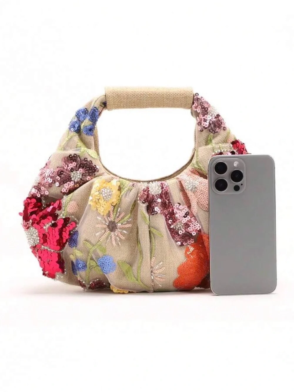 NEW Sequin Floral Embroidered Beige Shoulder Bag